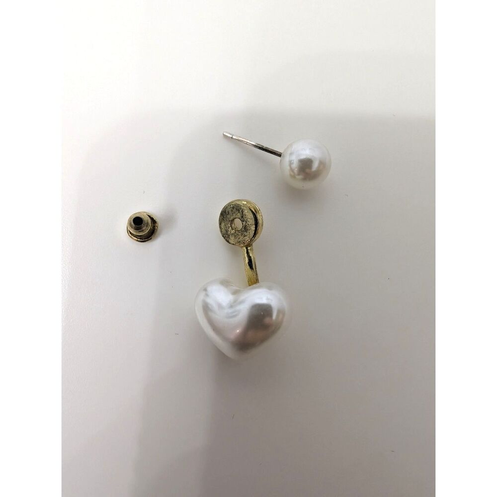 Gold Heart Pearl Drop Earrings - Picture 3 of 3